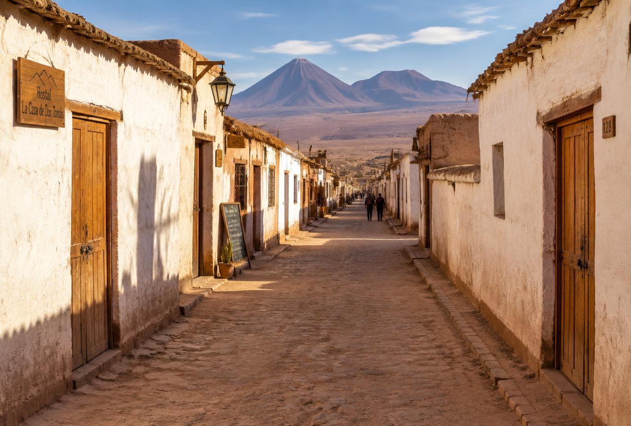 Calle de adobe en San Pedro de Atacama con el volcán Licancabur al fondo